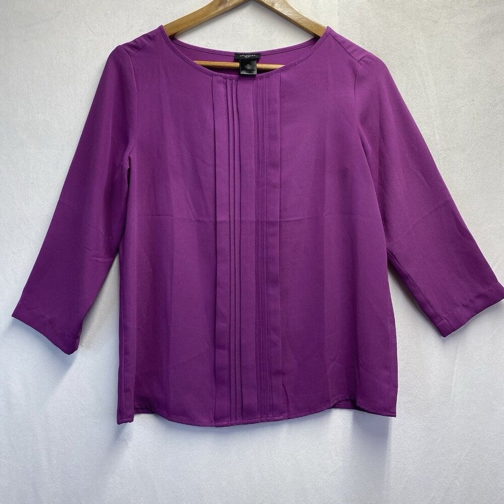 Ann Taylor Semi-Sheer Pleated Front 3/4 Sleeve Boat Neck Blouse Women XS Purple